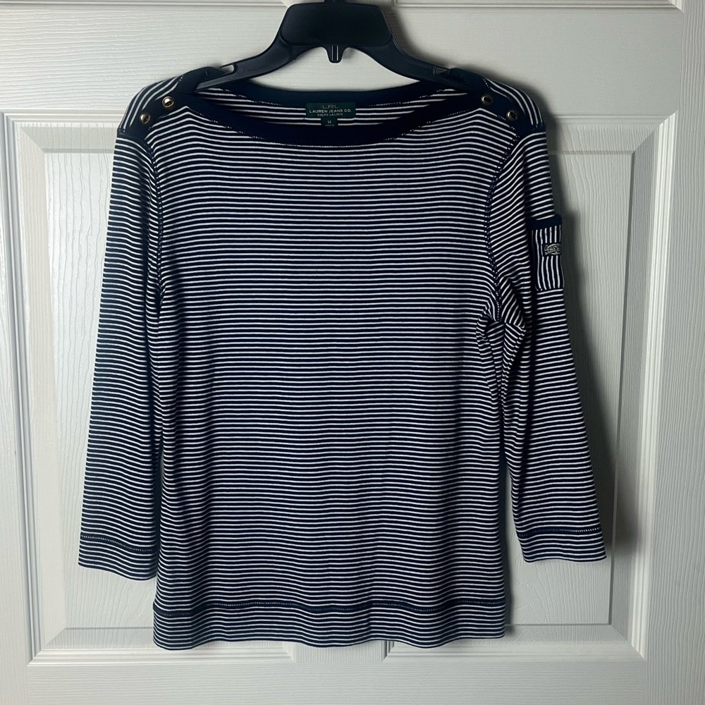 Lauren Ralph Lauren Navy & White Striped Boatneck Long Sleeve Top